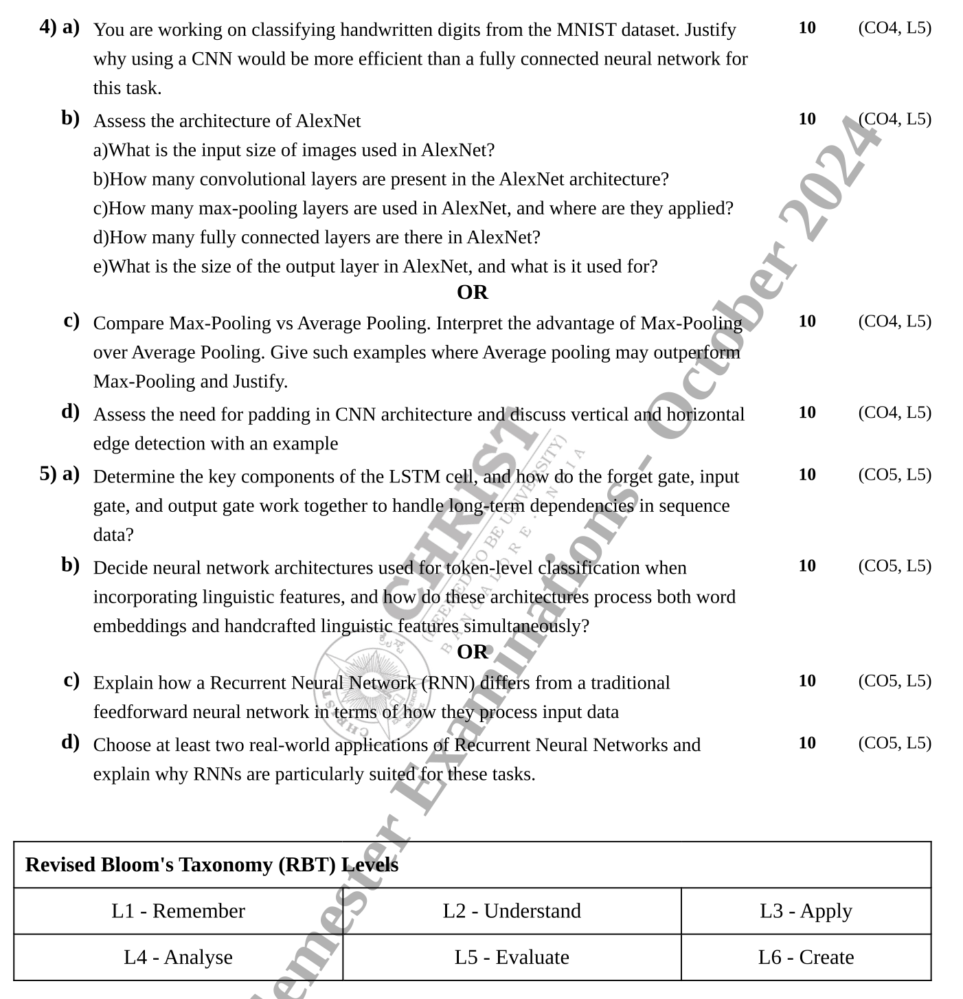 Christ University Question Paper - Neural Networks
